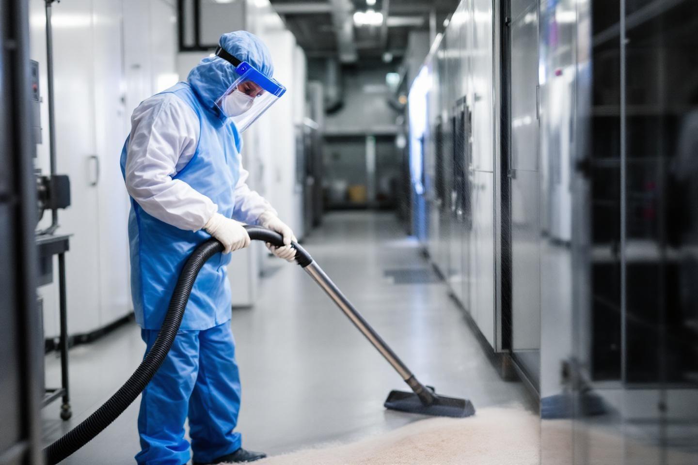 Personne en combinaison bleue nettoyant un couloir st&eacute;rile