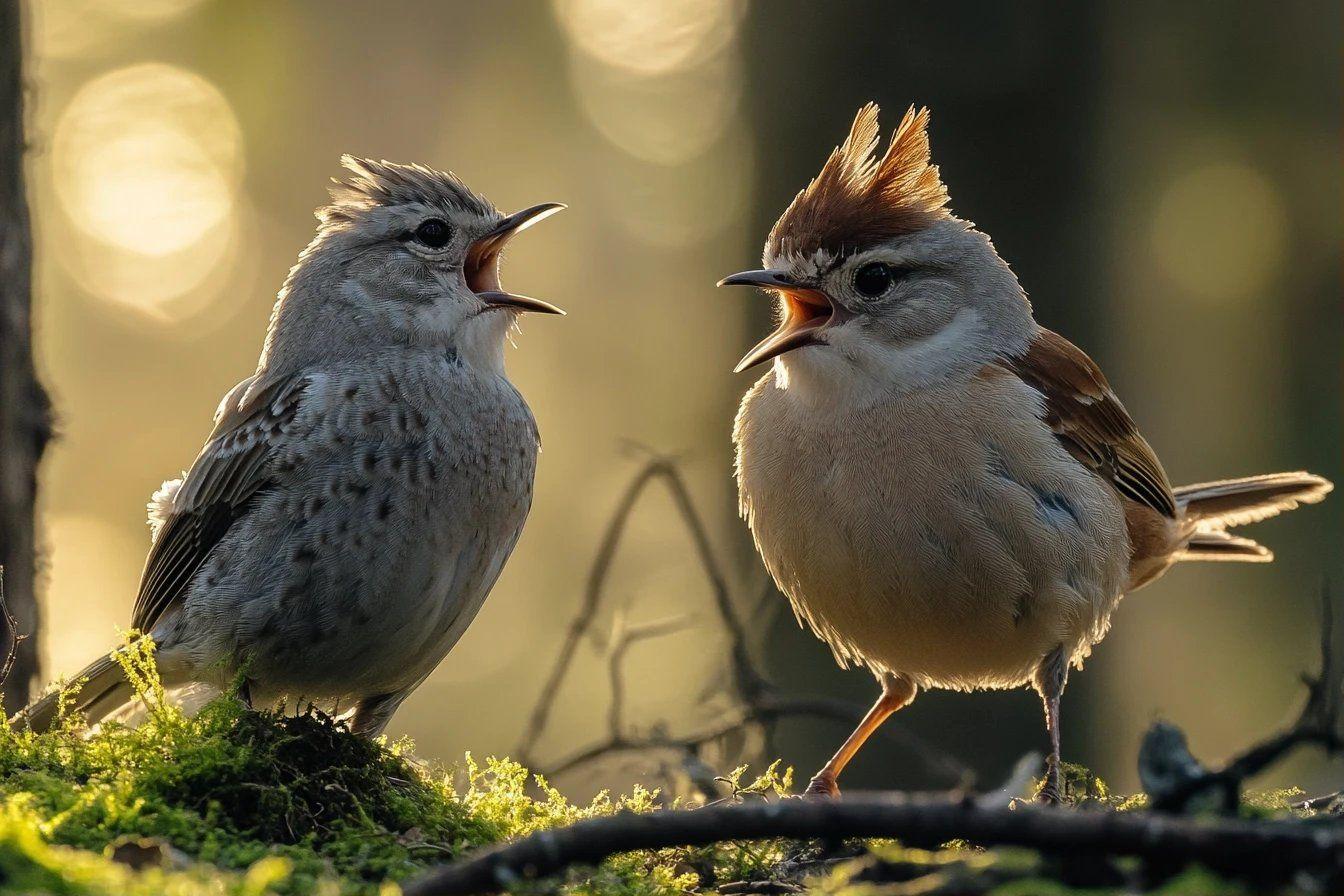Deux moineaux aux becs ouverts sur branche moussue