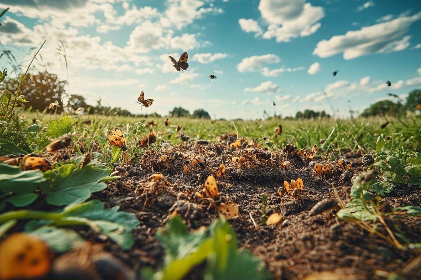 Gros plan sur une colonie de fourmis avec des papillons volants