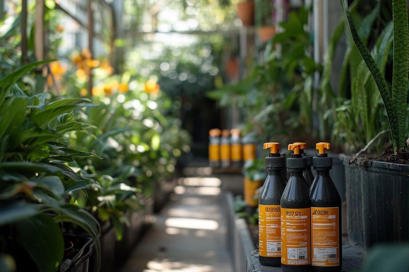 Flacons oranges et noirs alignés parmi des plantes vertes