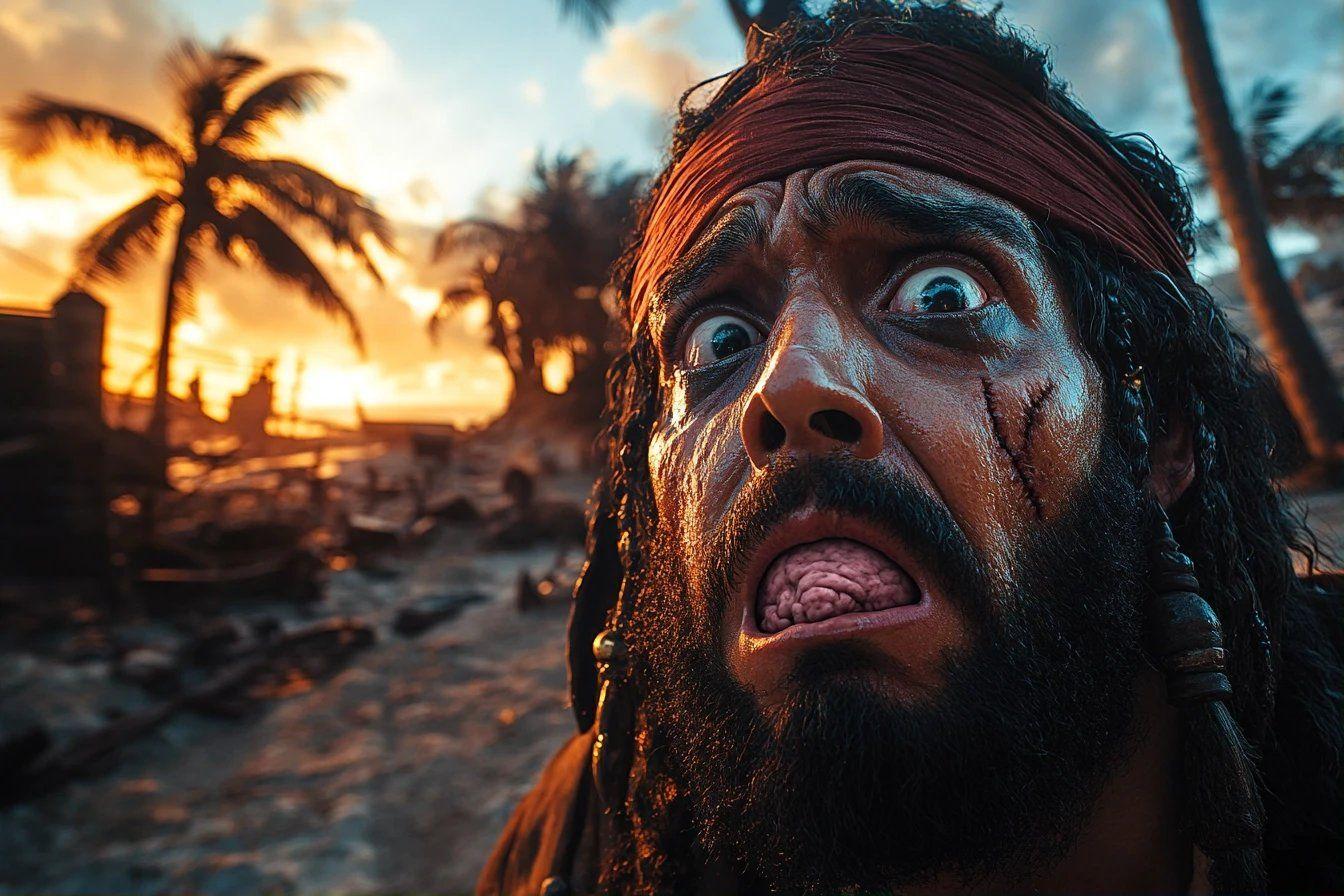 Visage de pirate terrorisé avec bandana, décor tropical en feu