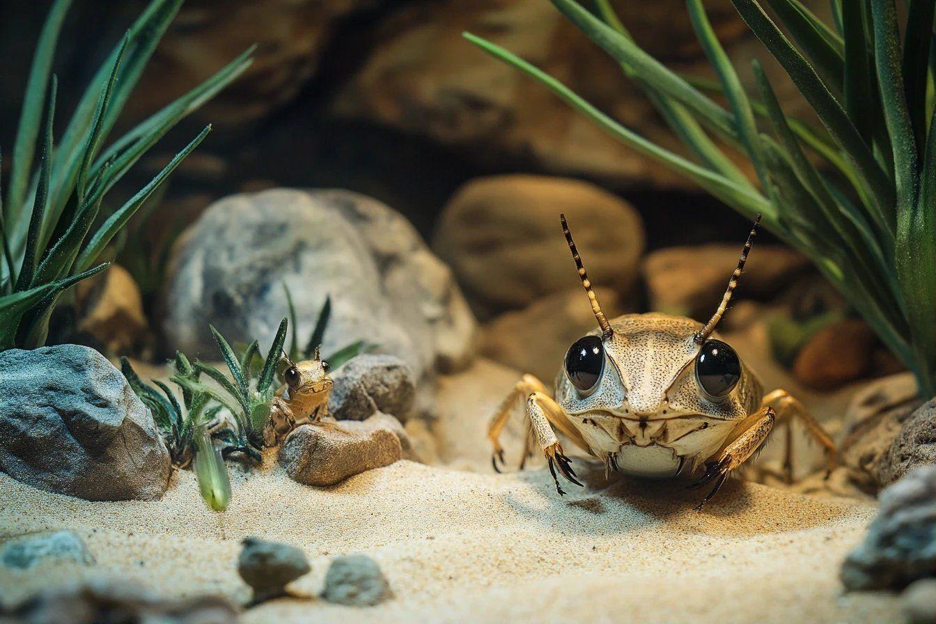 Criquet aux grands yeux sur sable avec pierres et plantes