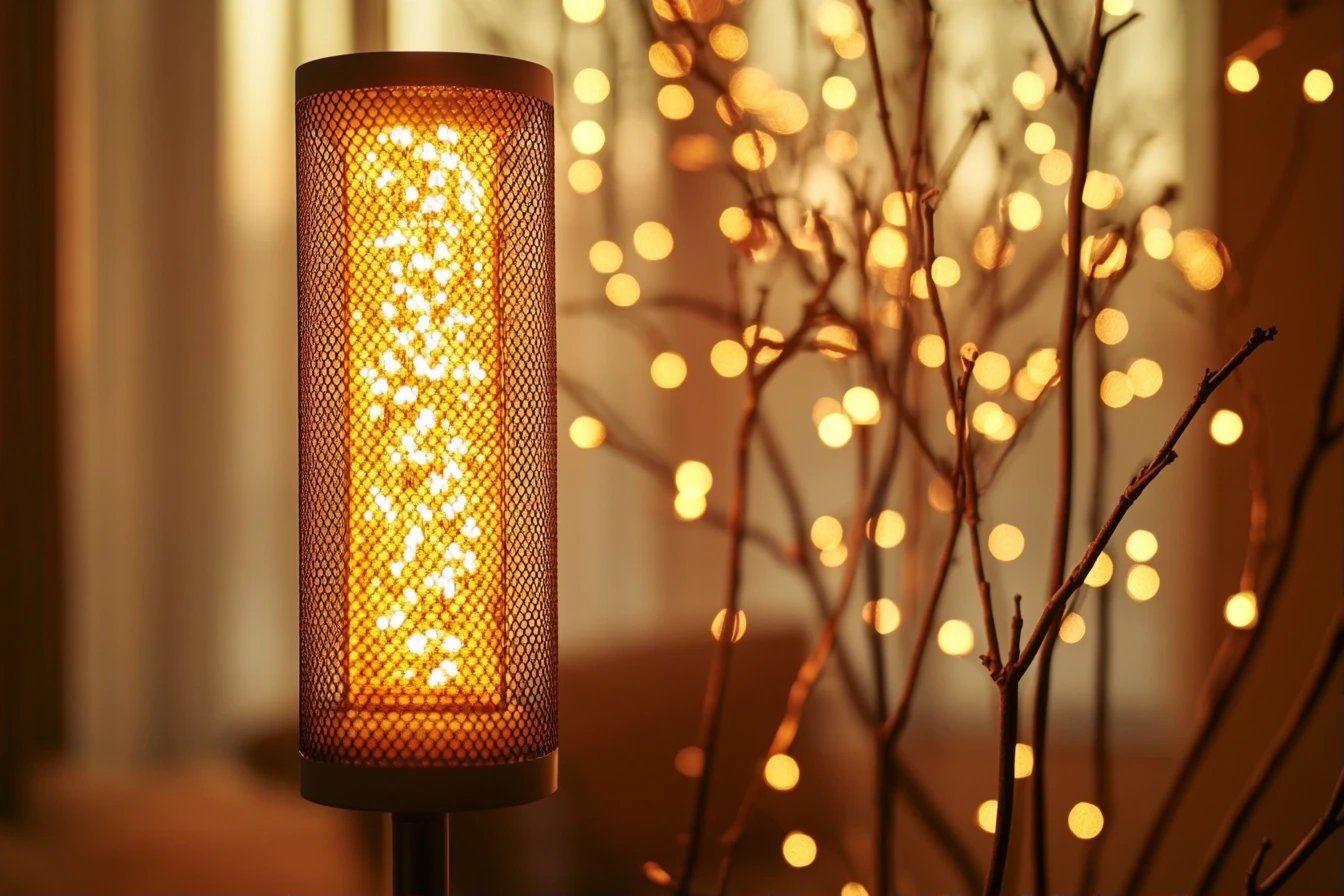 Lampe cylindrique lumineuse avec lumières dorées en arrière-plan