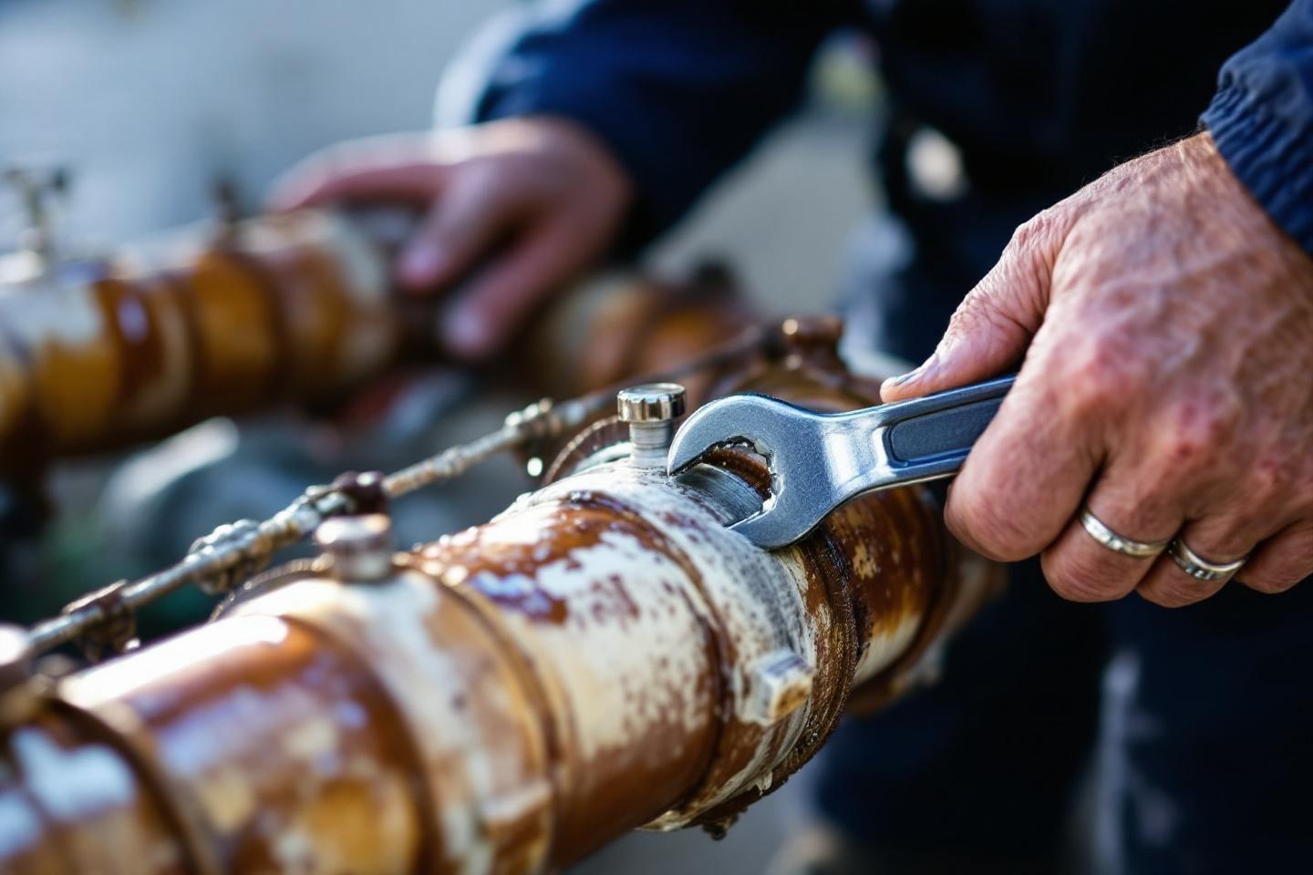 Main avec clé ajustant un tuyau rouillé métallique