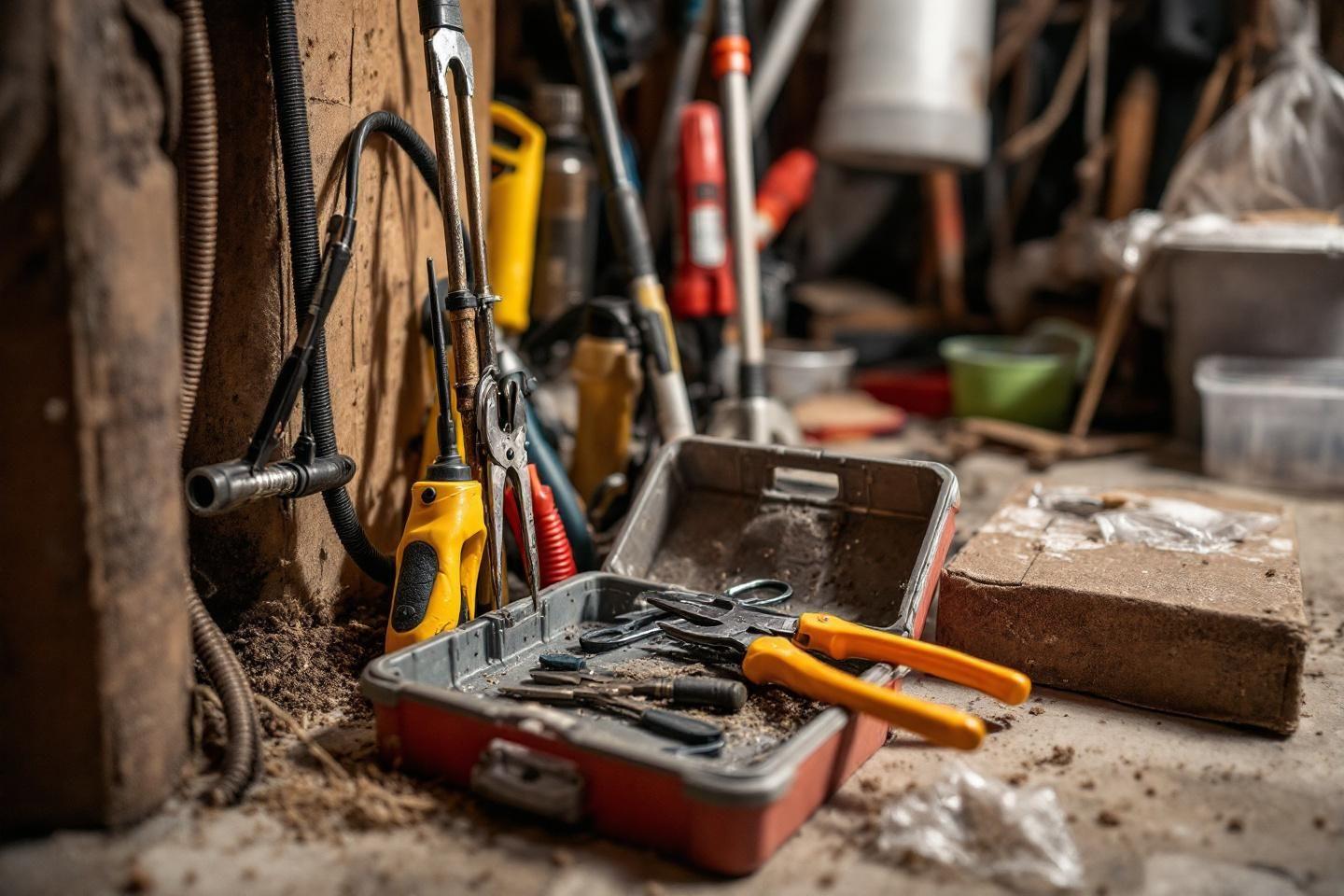 &Eacute;tui rouge avec outils sales dans un atelier poussi&eacute;reux