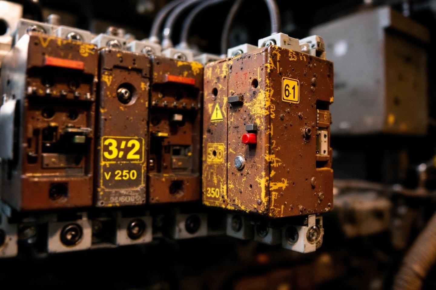 Bo&icirc;tiers &eacute;lectriques rouill&eacute;s avec num&eacute;ros jaunes, gros plan