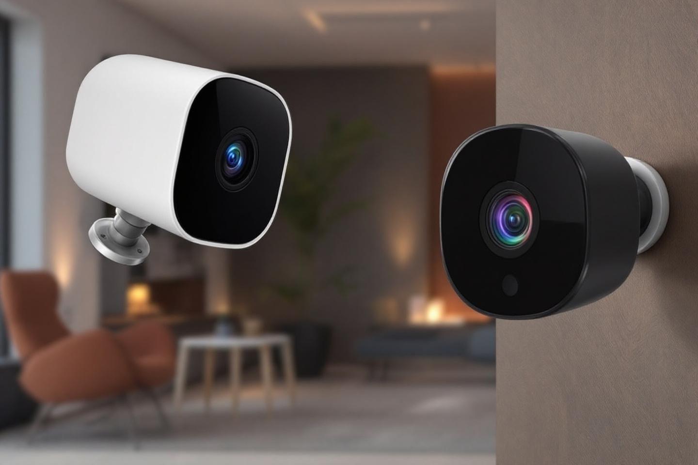 Deux caméras de surveillance blanches et noires dans un salon