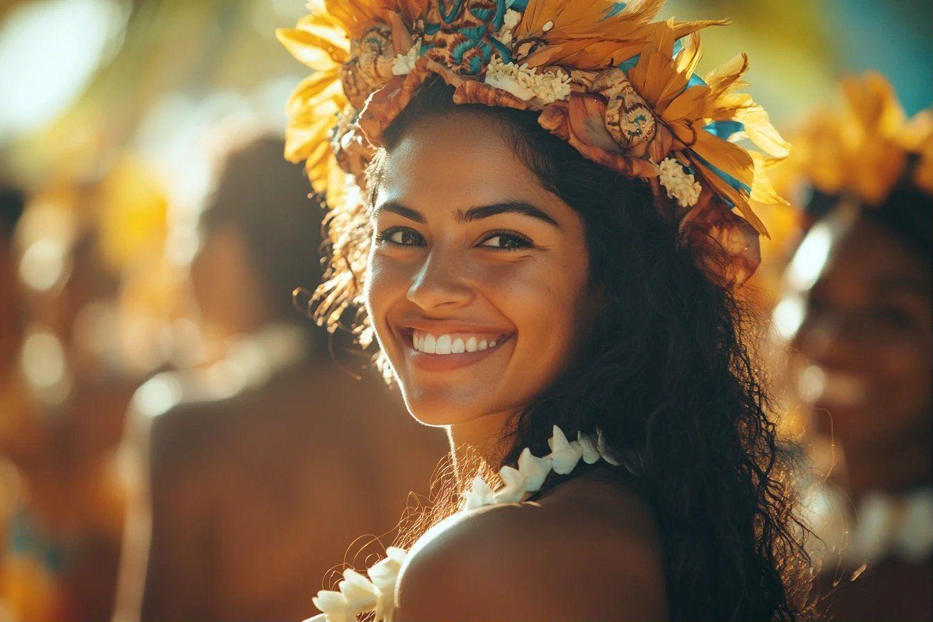 Femme souriante avec couronne de fleurs jaunes et blanches