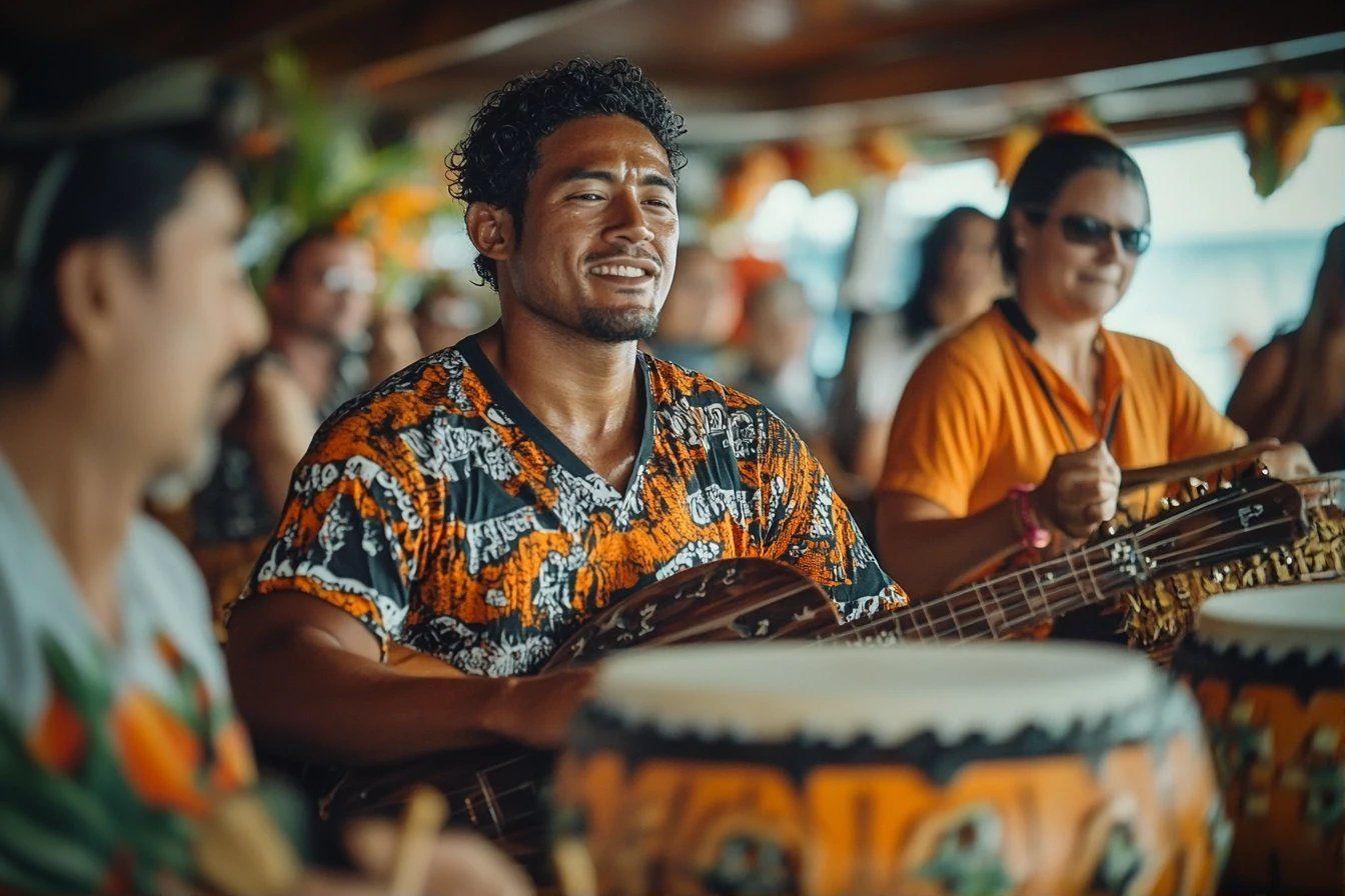 Percussionniste en chemise color&eacute;e jouant avec passion