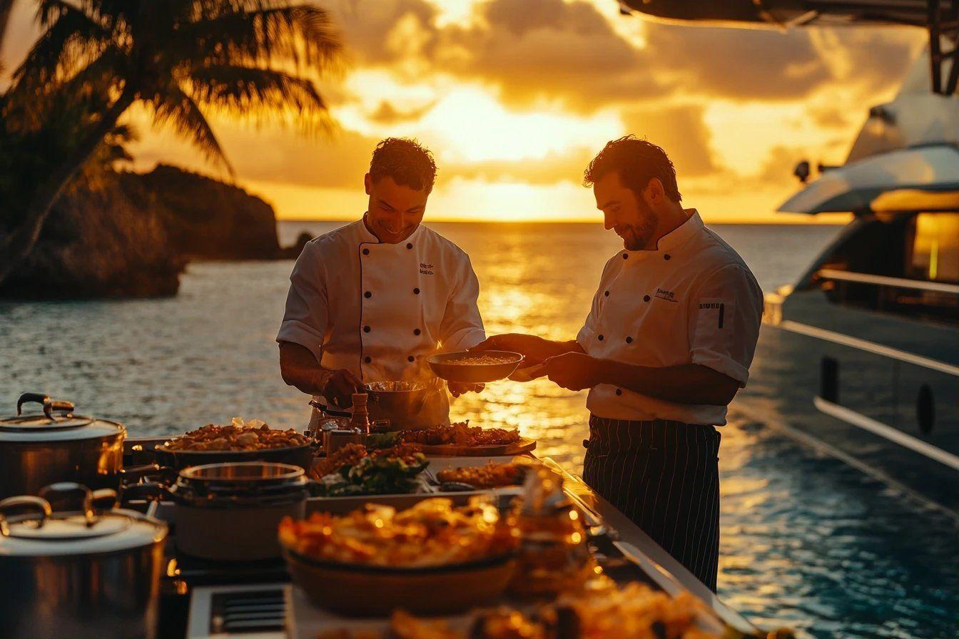 Deux chefs pr&eacute;parant des plats sur un bateau au sunset