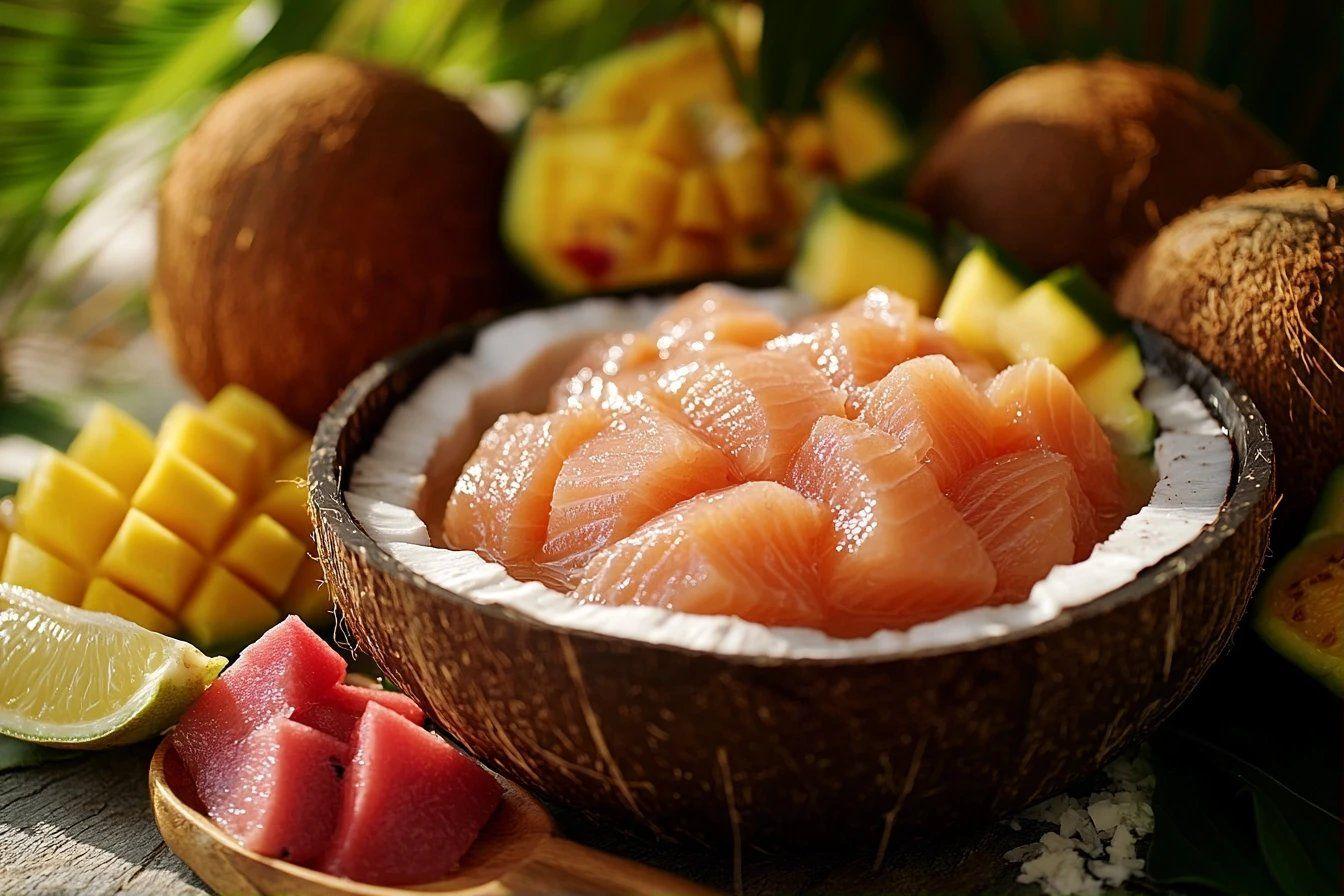 Tranches de saumon dans un bol de noix de coco avec mangue
