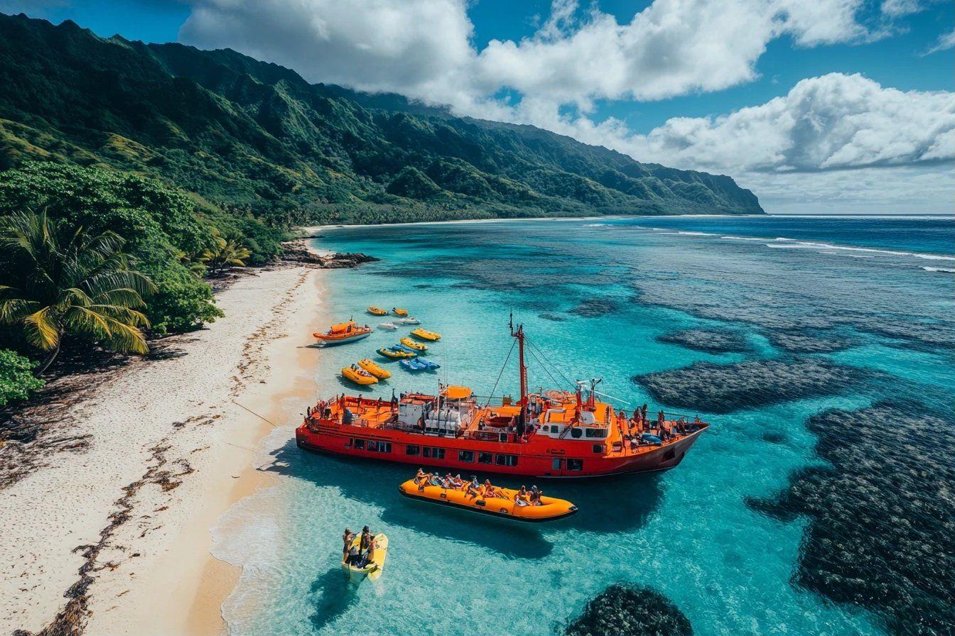 Bateaux de tourisme jaunes et rouges dans une baie turquoise luxuriante