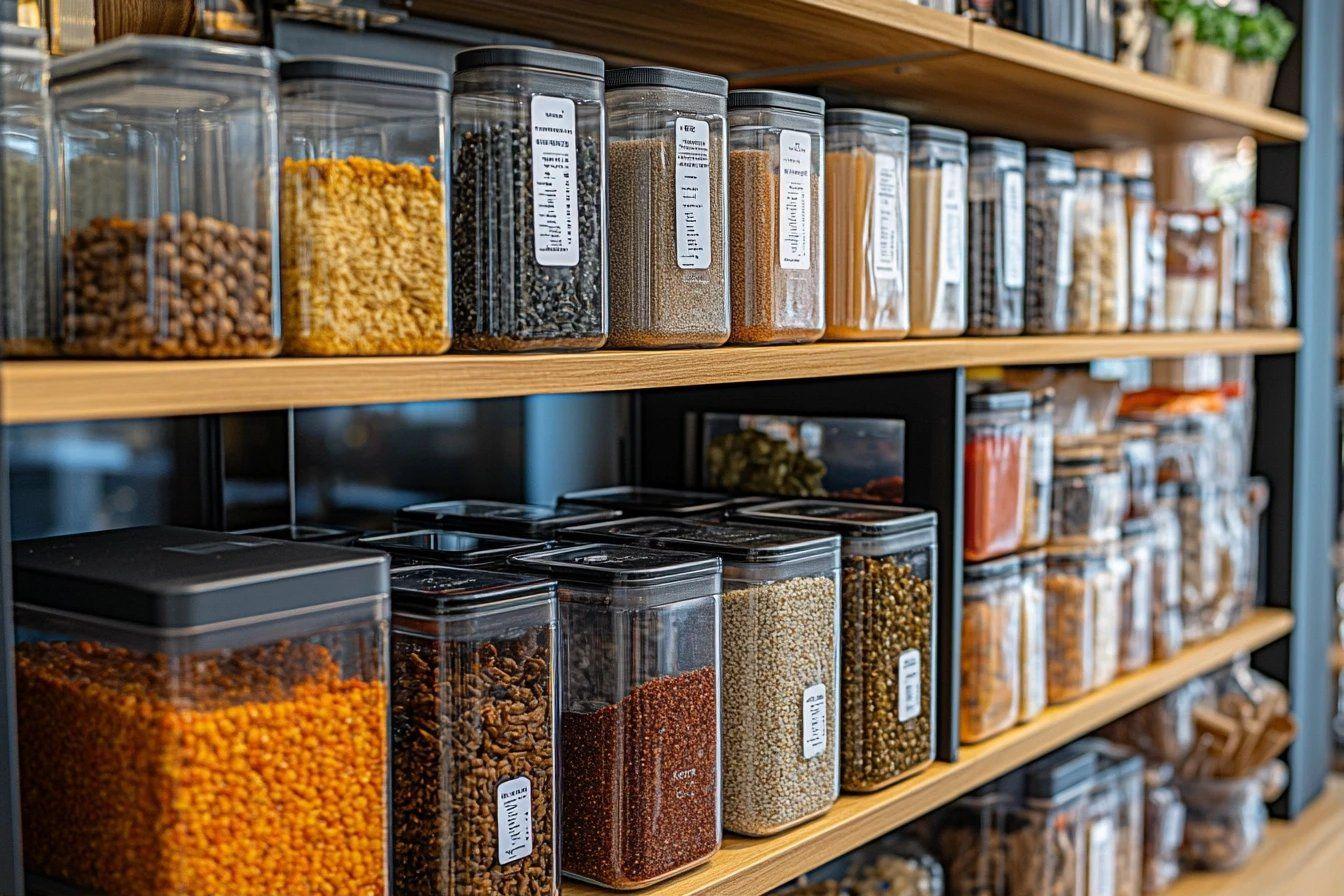 Bocaux transparents remplis de graines color&eacute;es align&eacute;s