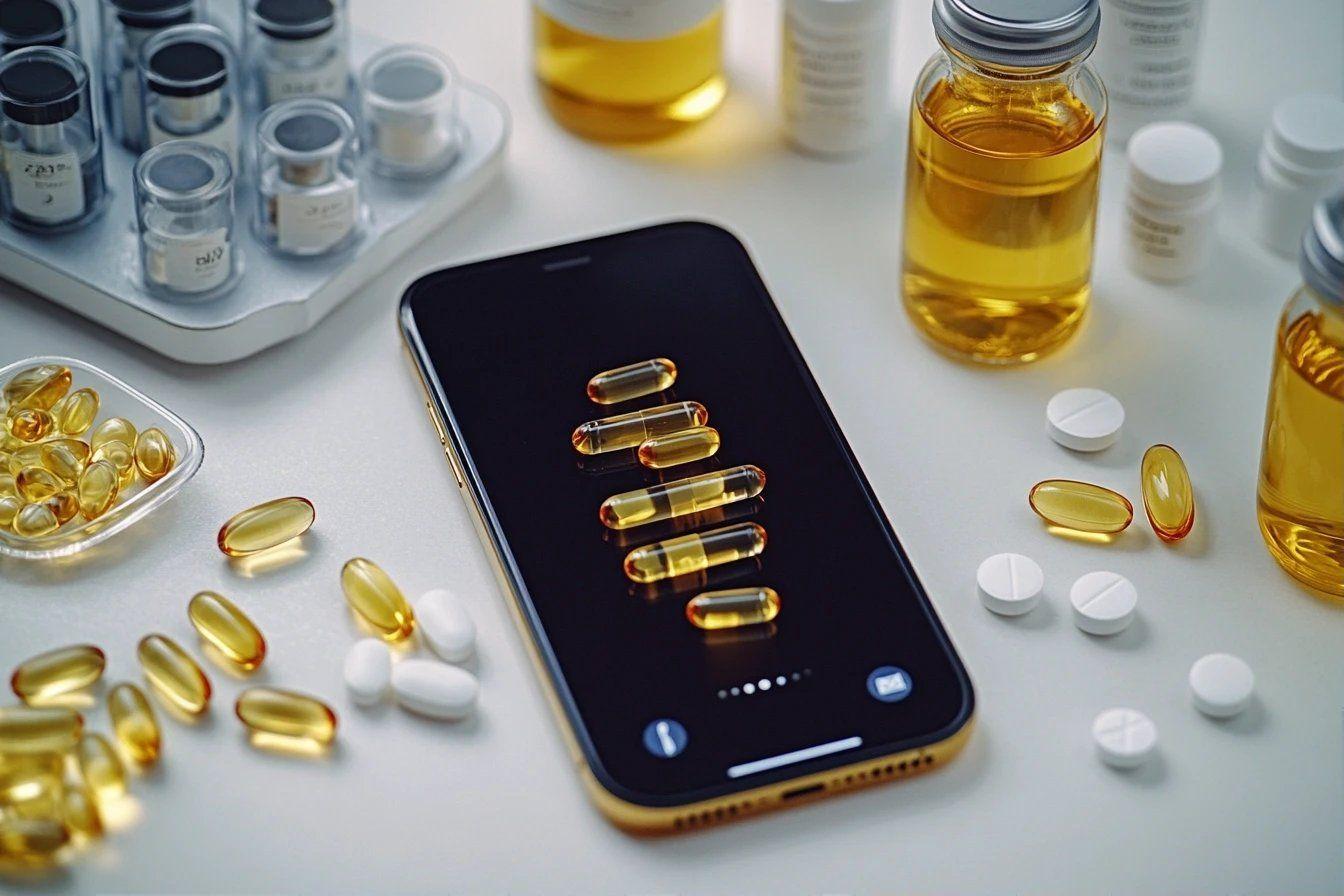 Pilules jaunes et blanches dispos&eacute;es autour d'un smartphone