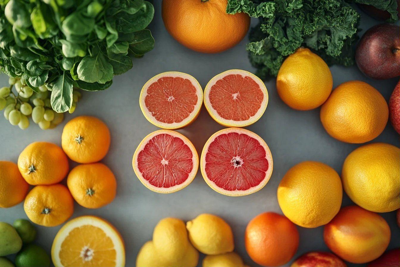 Pamplemousses roses entour&eacute;s d'oranges et de l&eacute;gumes verts