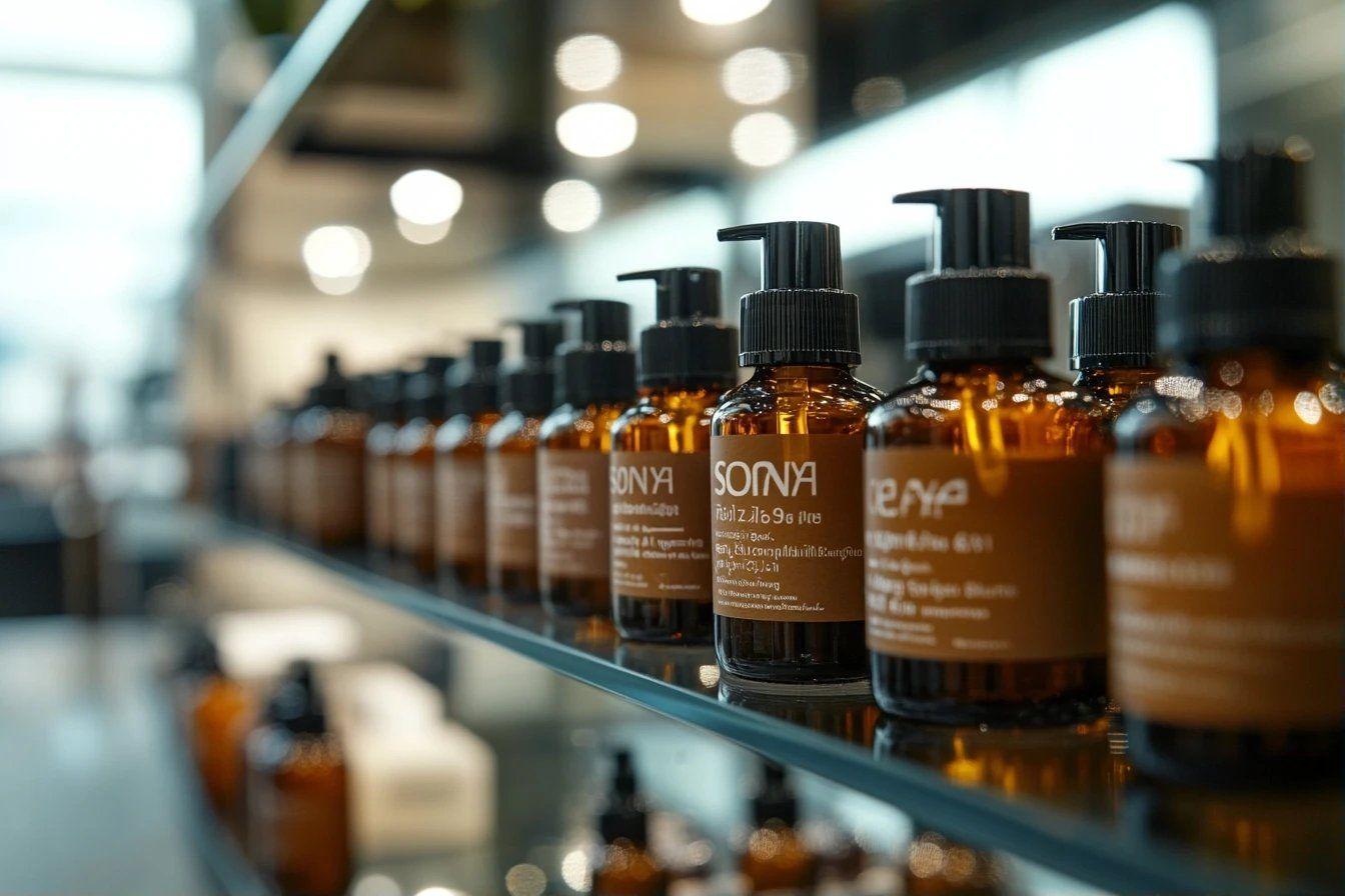 Rang&eacute;e de flacons ambr&eacute;s avec pompes sur &eacute;tag&egrave;re brillante