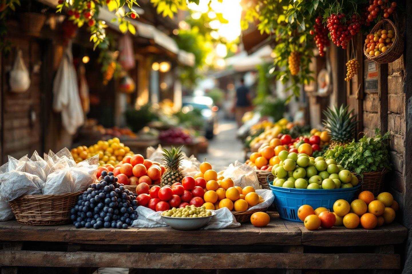 &Eacute;tal de march&eacute; avec fruits multicolores et lumineux