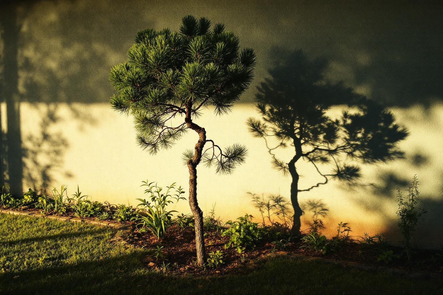 Deux pins solitaires avec ombres sur fond dor&eacute;