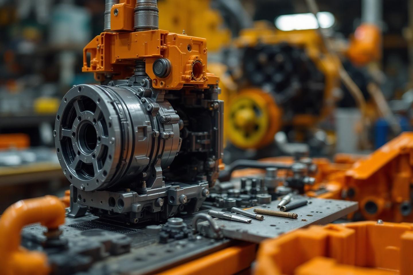 Gros plan sur un m&eacute;canisme industriel orange et gris