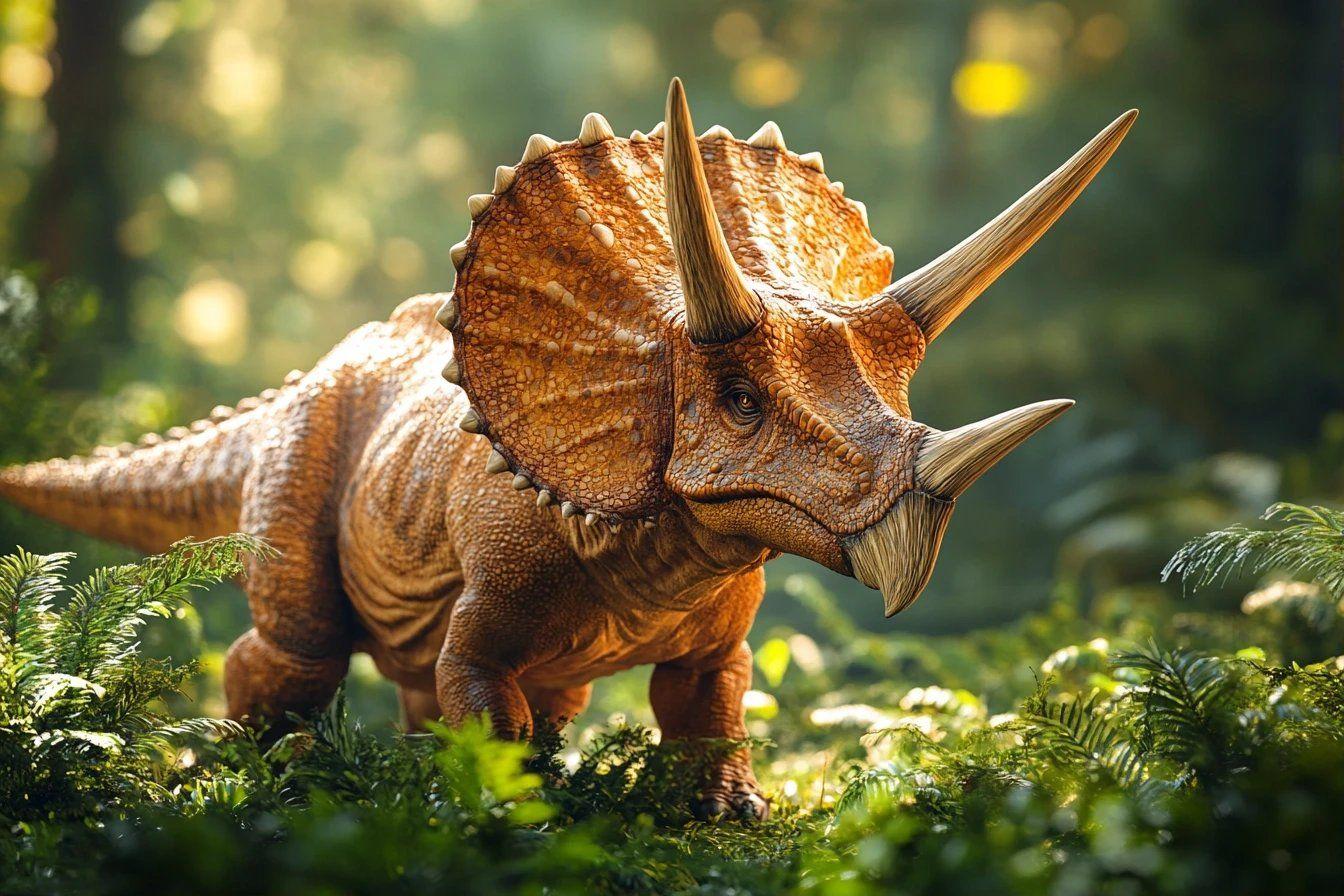 Dinosaure orange &agrave; cornes dans une for&ecirc;t verdoyante