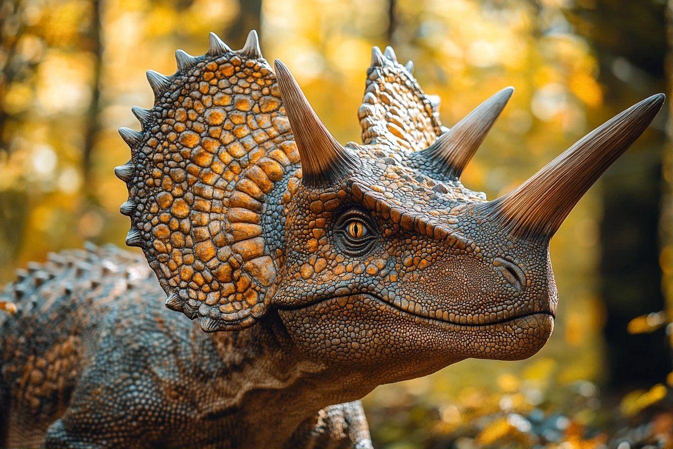 Dinosaure triceratops avec &eacute;cailles textur&eacute;es dans une for&ecirc;t automnale