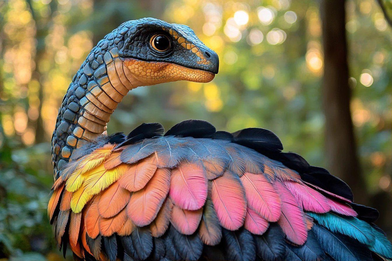 Cr&eacute;ature pr&eacute;historique avec plumage arc-en-ciel et peau textur&eacute;e