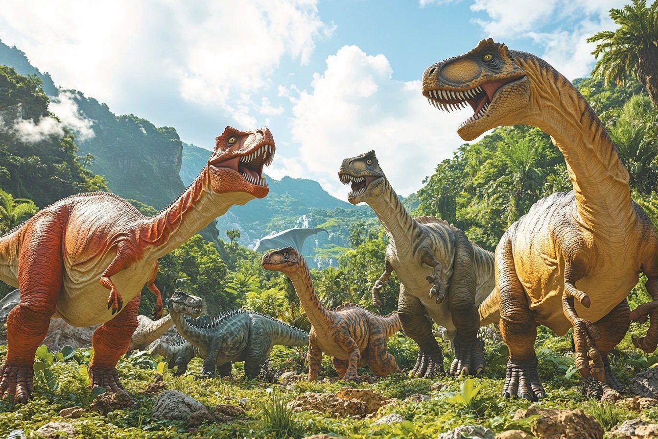 Groupe de dinosaures rugissants dans une jungle montagneuse verdoyante