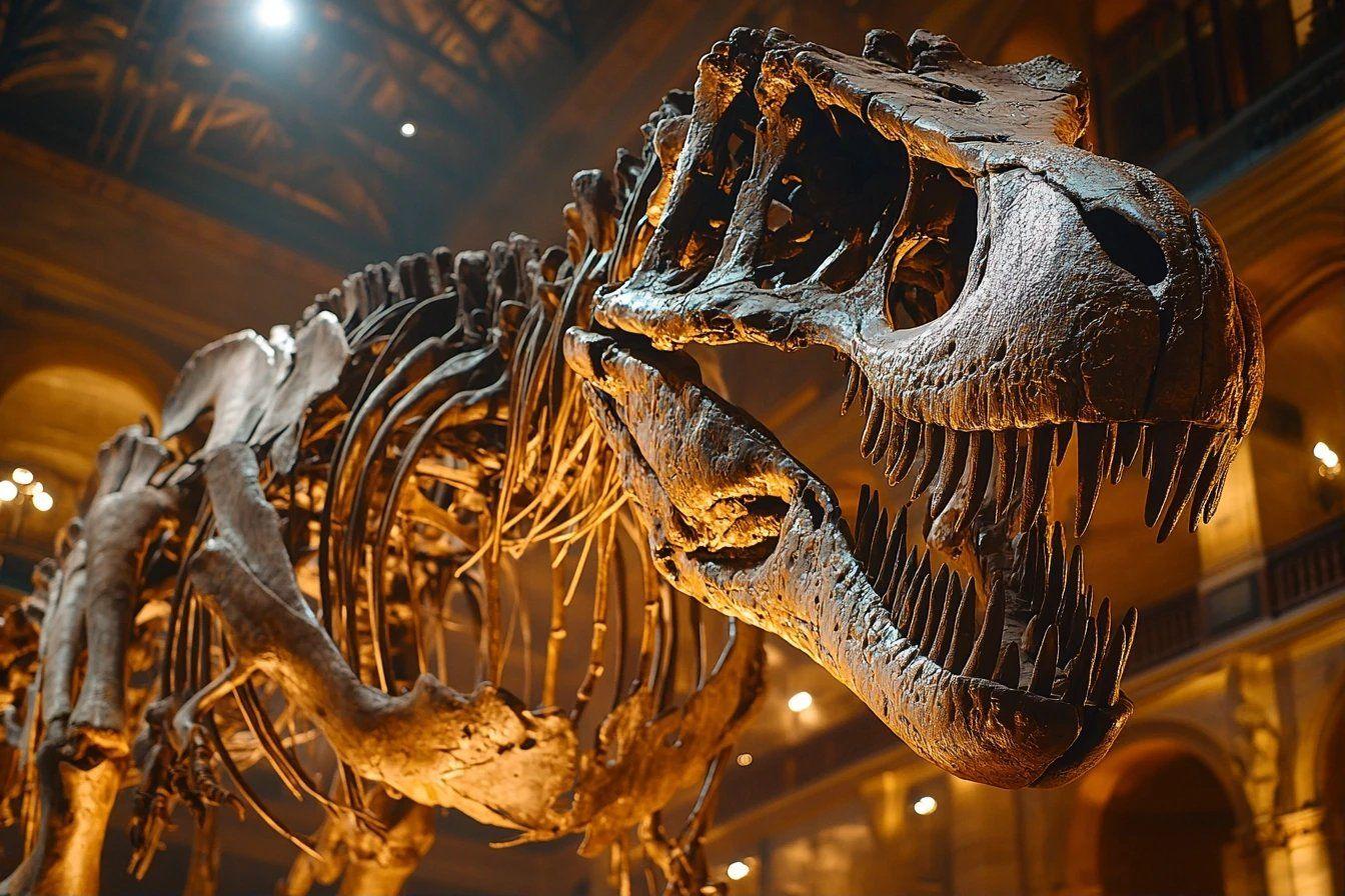 Squelette de dinosaure T-Rex imposant dans un mus&eacute;e &eacute;clair&eacute;