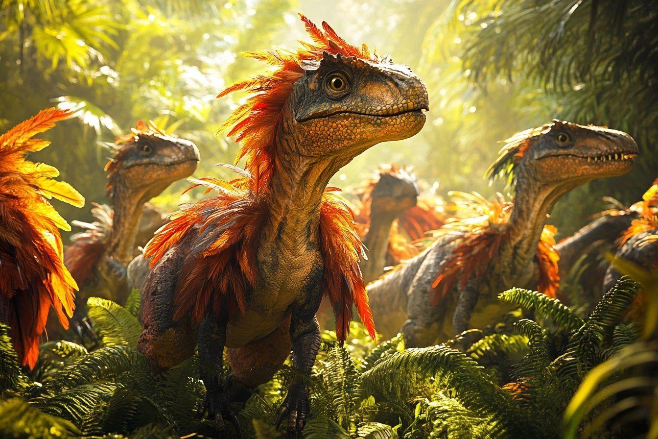 Groupe de dinosaures rouges &agrave; plumes dans une for&ecirc;t verdoyante