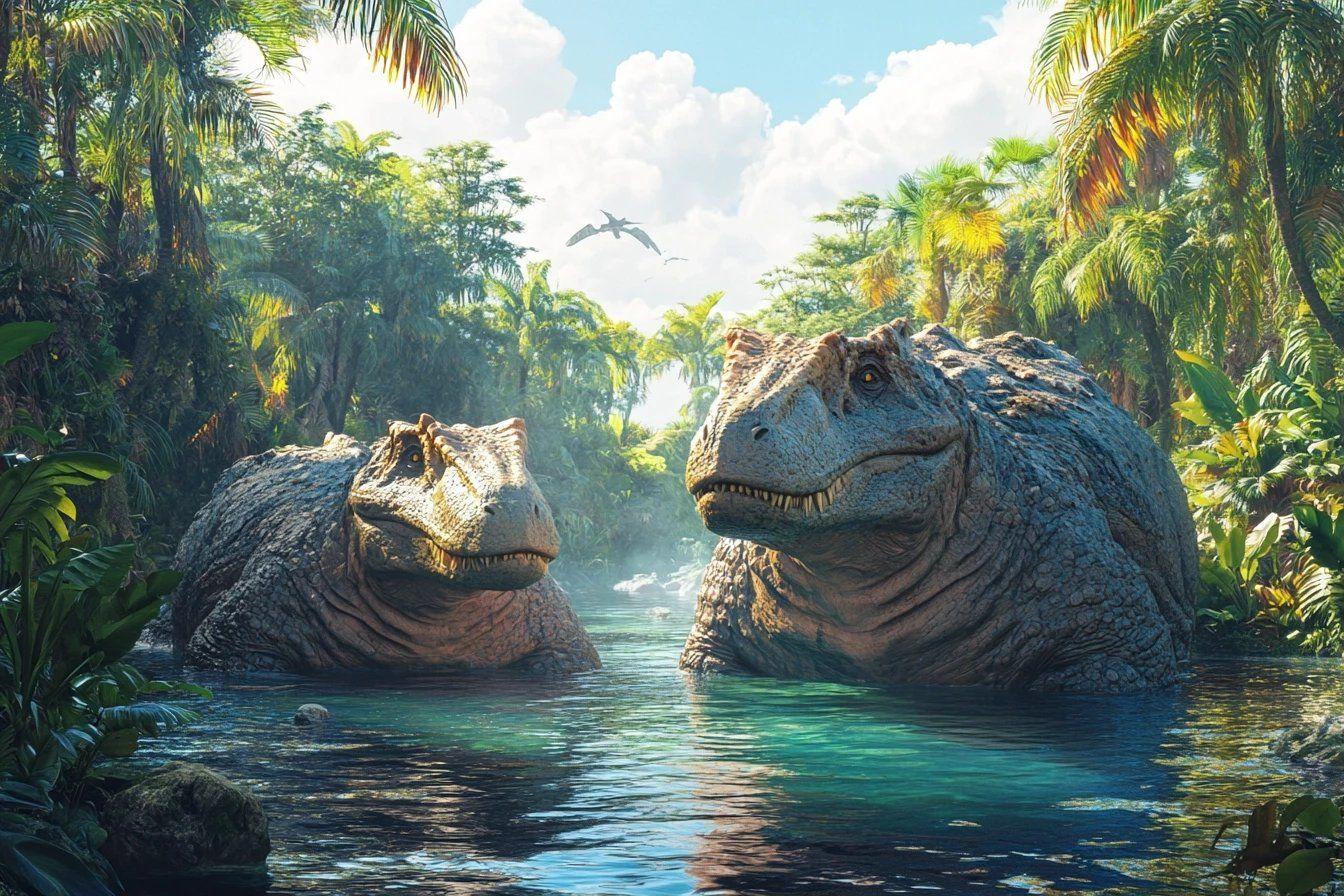 Deux tyrannosaures dans un environnement de jungle aquatique verdoyant