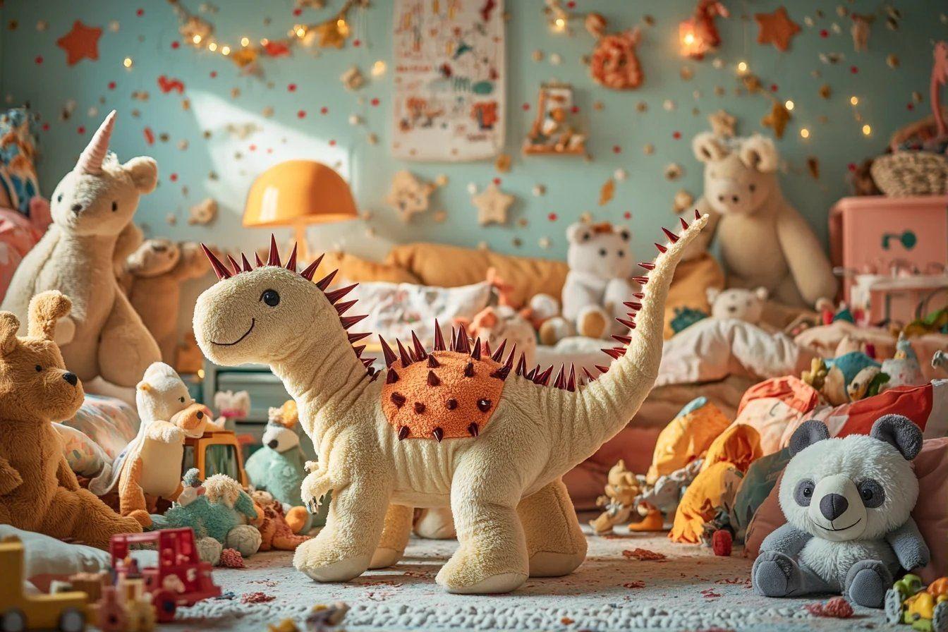 Jouet dinosaure &agrave; piques entour&eacute; de peluches color&eacute;es