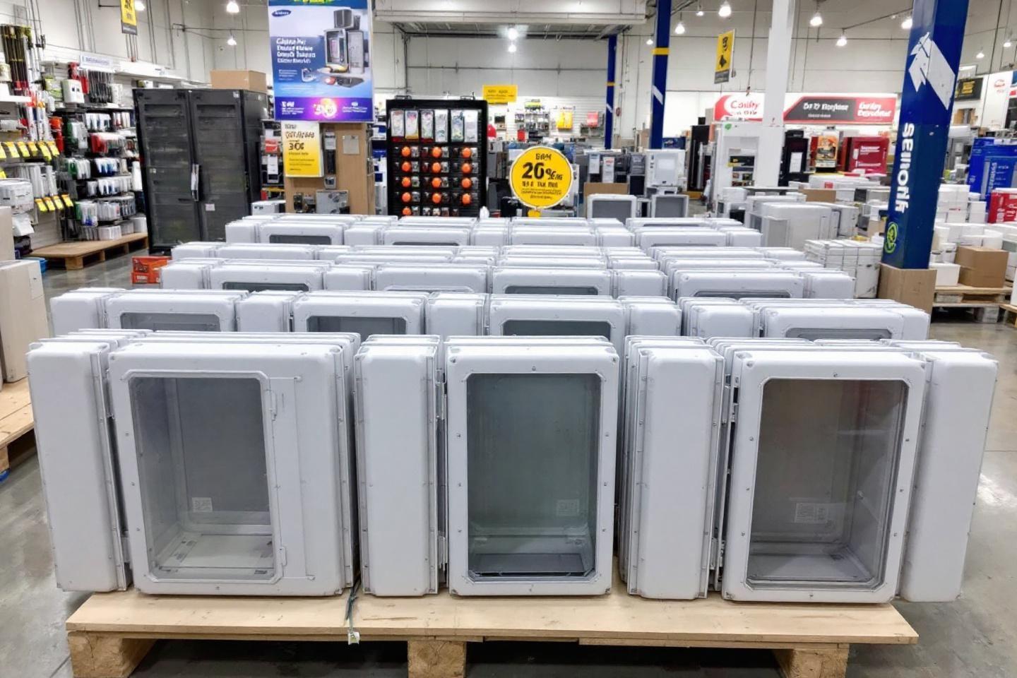 Rang&eacute;e de r&eacute;frig&eacute;rateurs blancs avec portes vitr&eacute;es sur palette