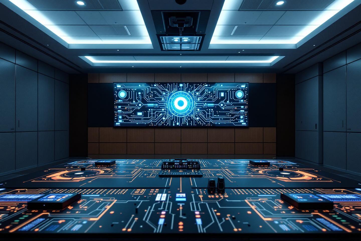 Interface numérique high-tech avec écran central circulaire bleu