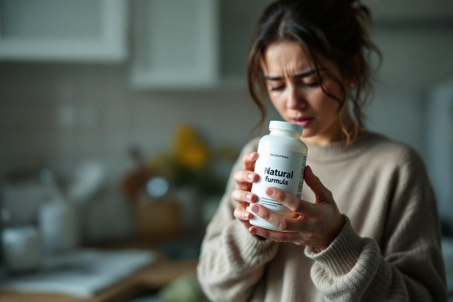 Personne tenant un flacon de compl&eacute;ment alimentaire avec une expression dubitative