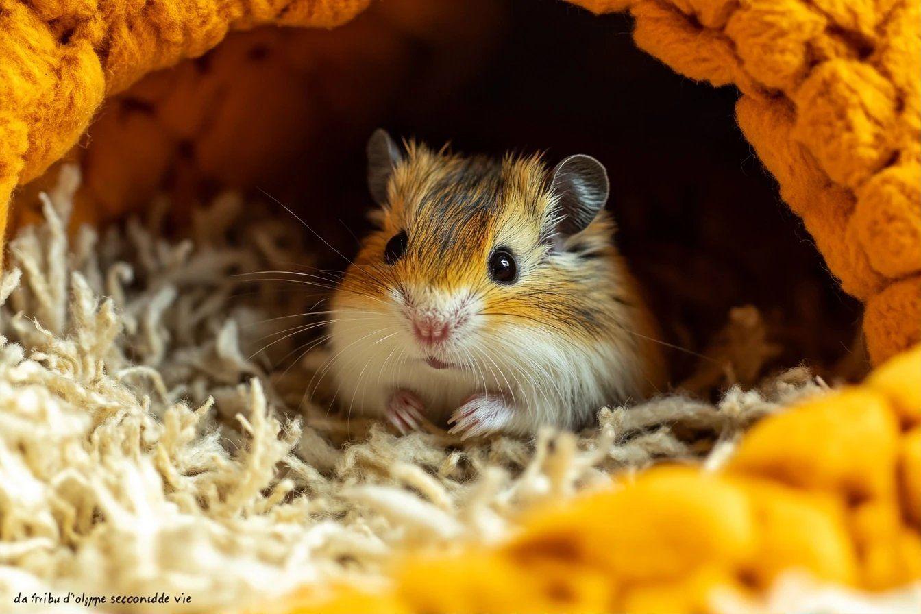 Petit hamster pelucheux blotti dans de la laine jaune