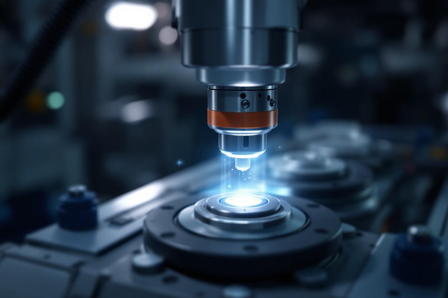 Instrument industriel pr&eacute;cis projetant une lumi&egrave;re bleue intense