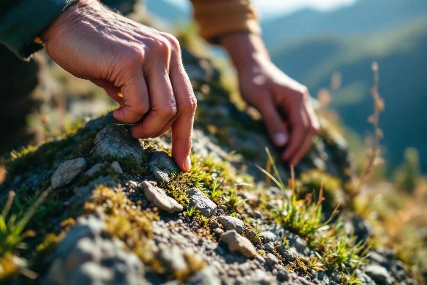 Doigts agrippant des rochers couverts de mousse et de v&eacute;g&eacute;tation