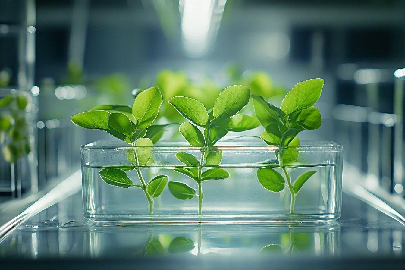 Plantes vertes poussant dans un récipient transparent en laboratoire