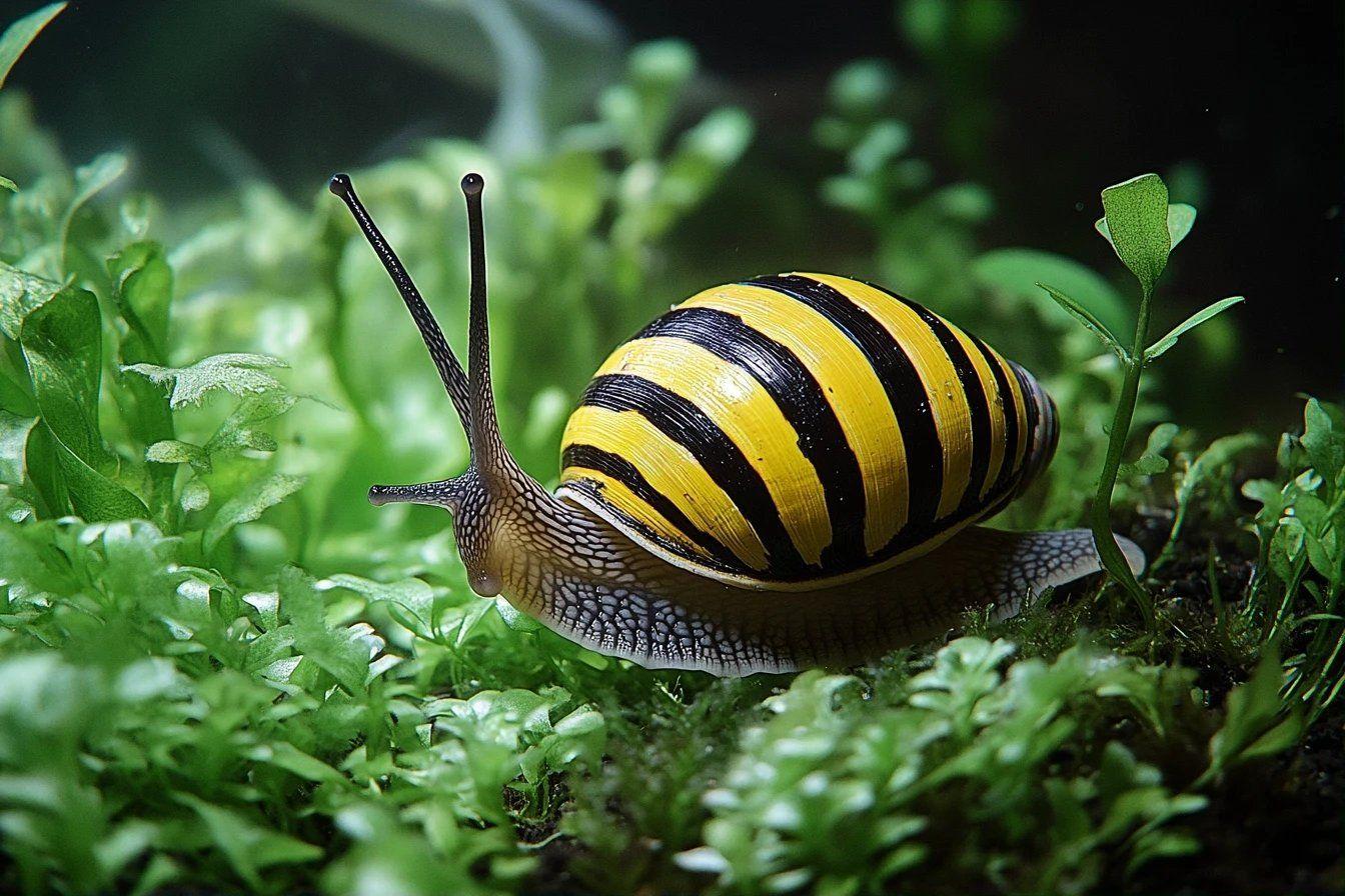 Escargot aux rayures jaunes et noires sur feuillage vert