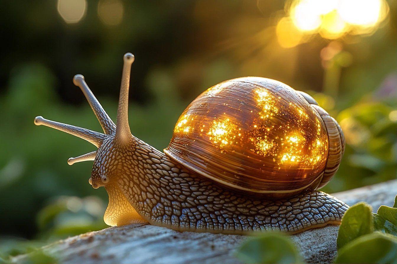 Escargot brillant avec coquille illuminée par la lumière dorée