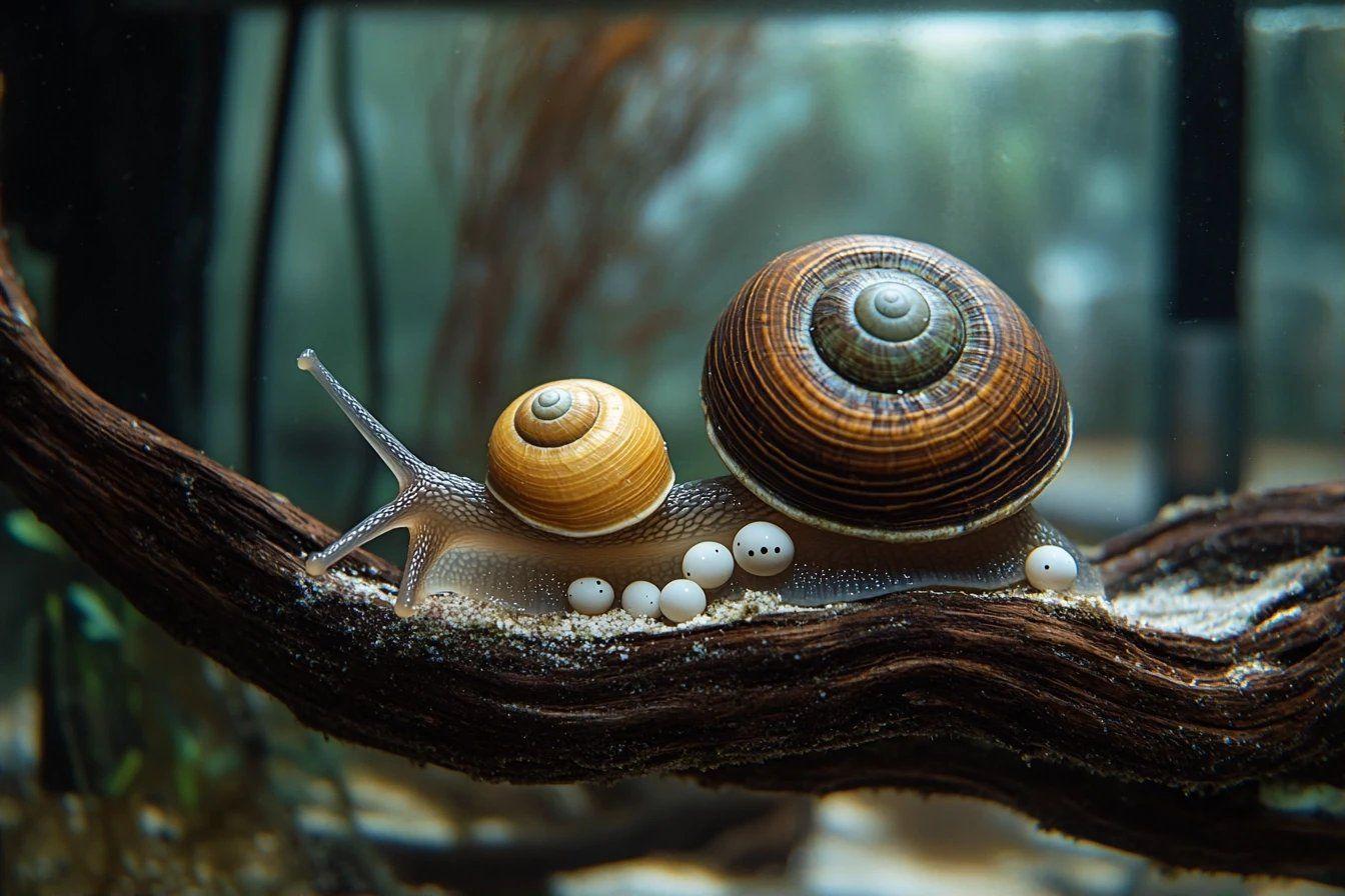 Escargots avec coquilles jaune et brune sur bois