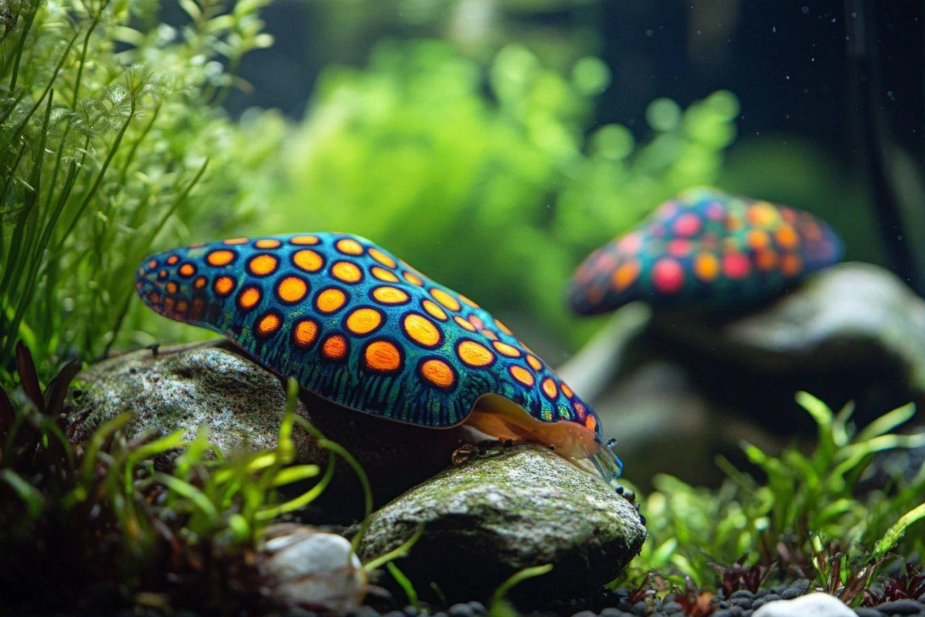 Escargot bleu et orange sur un rocher dans un terrarium verdoyant