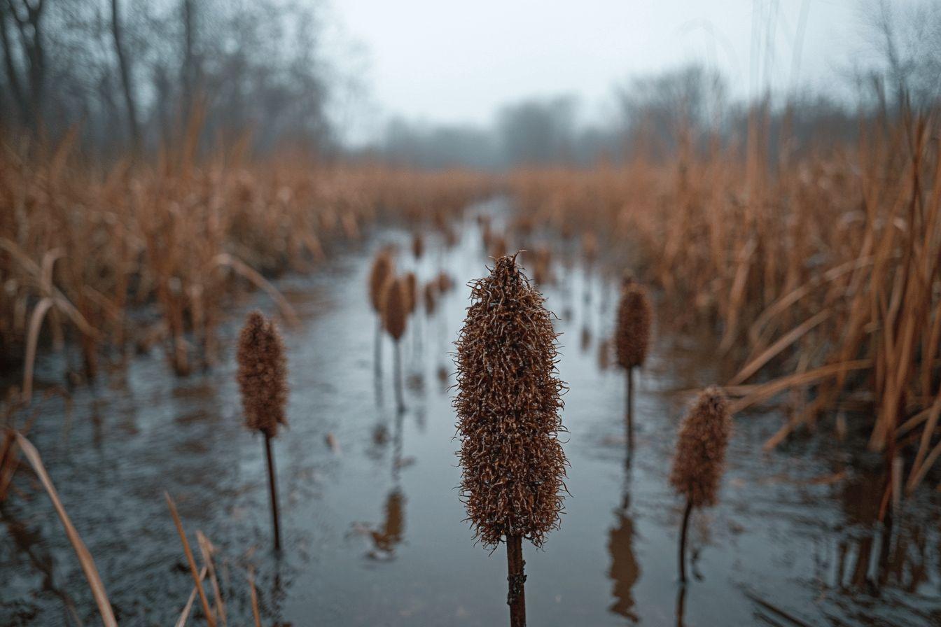 Gros plan sur des quenouilles hirsutes dans un marais brumeux