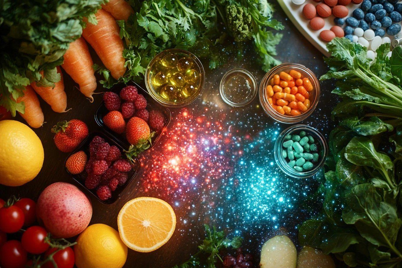 Aliments color&eacute;s dispos&eacute;s autour d'un centre &eacute;toil&eacute; lumineux