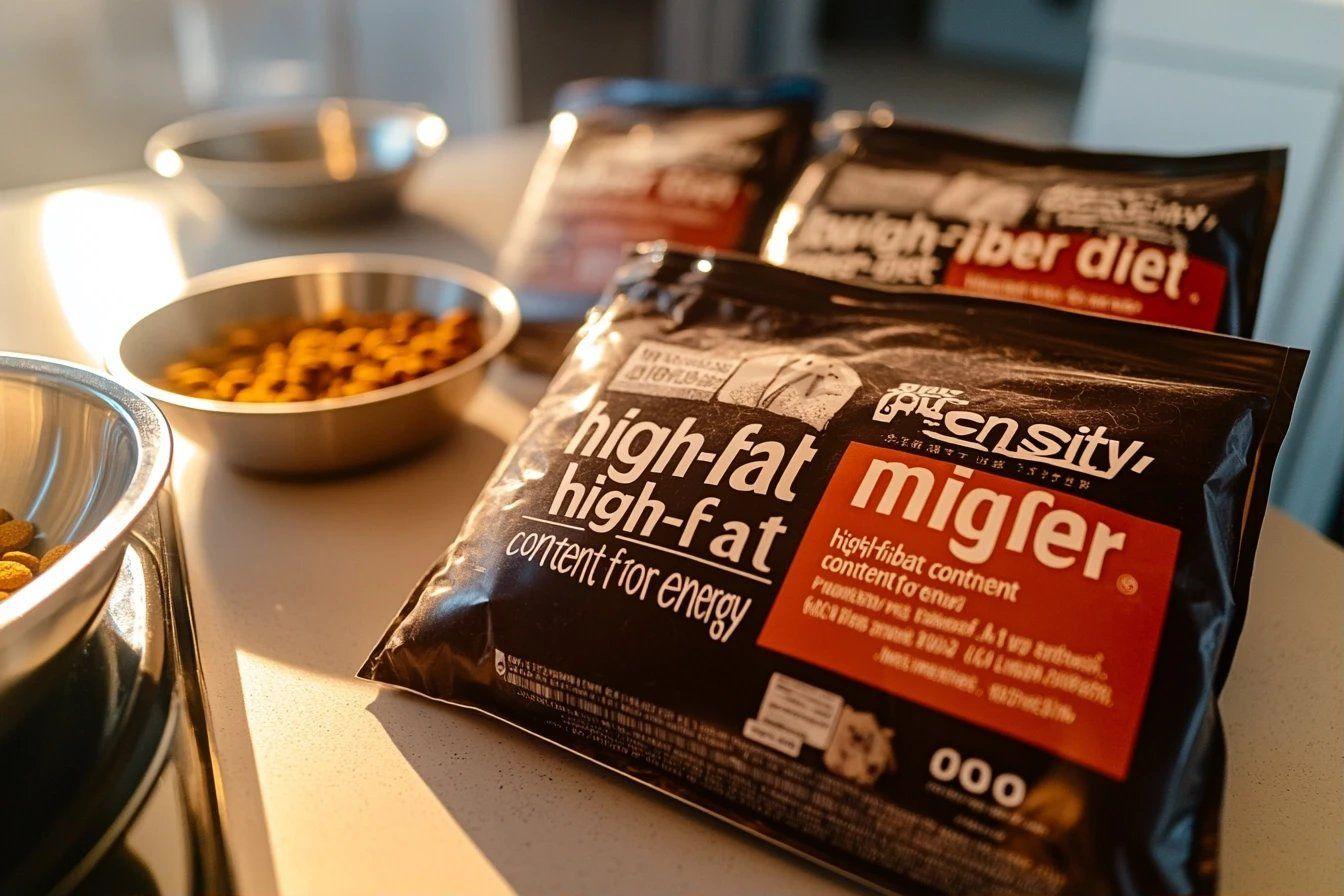 Plusieurs sachets de nourriture pour animaux sur un comptoir