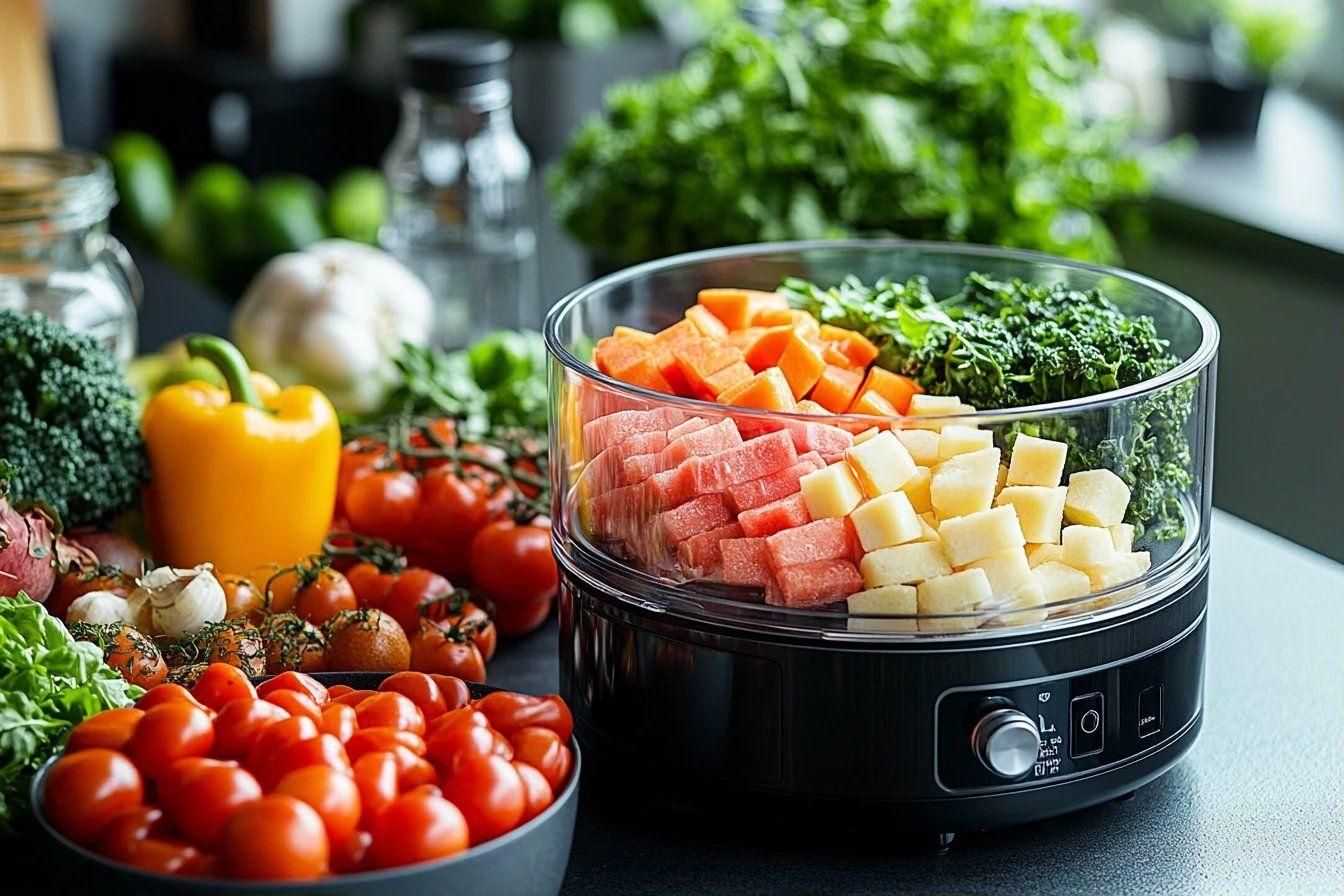 L&eacute;gumes color&eacute;s d&eacute;coup&eacute;s dans un r&eacute;cipient de cuisine moderne