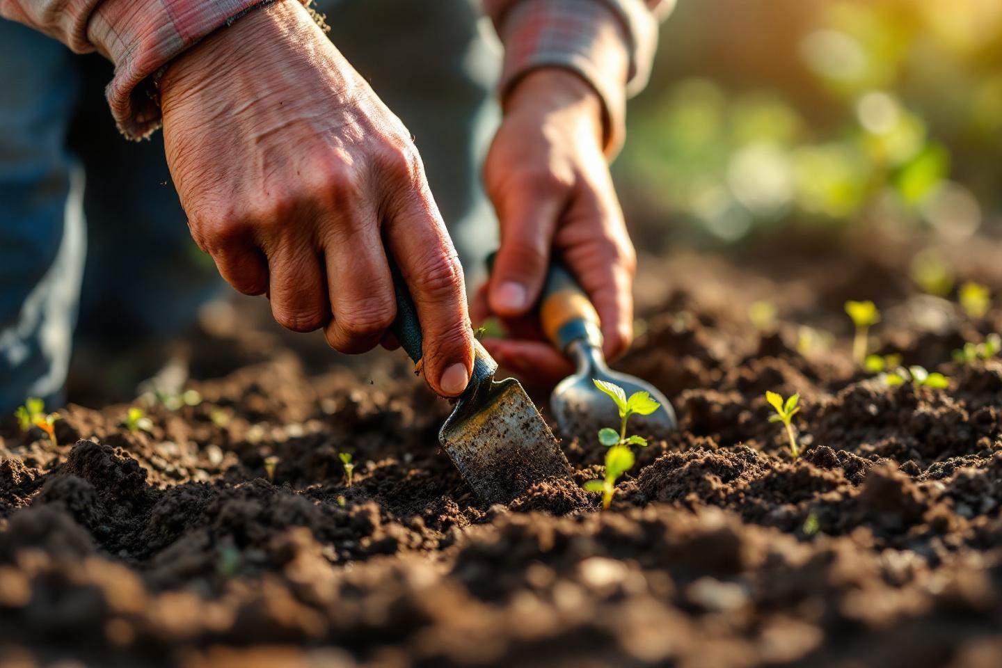 Mains travaillant la terre avec de petites plantes