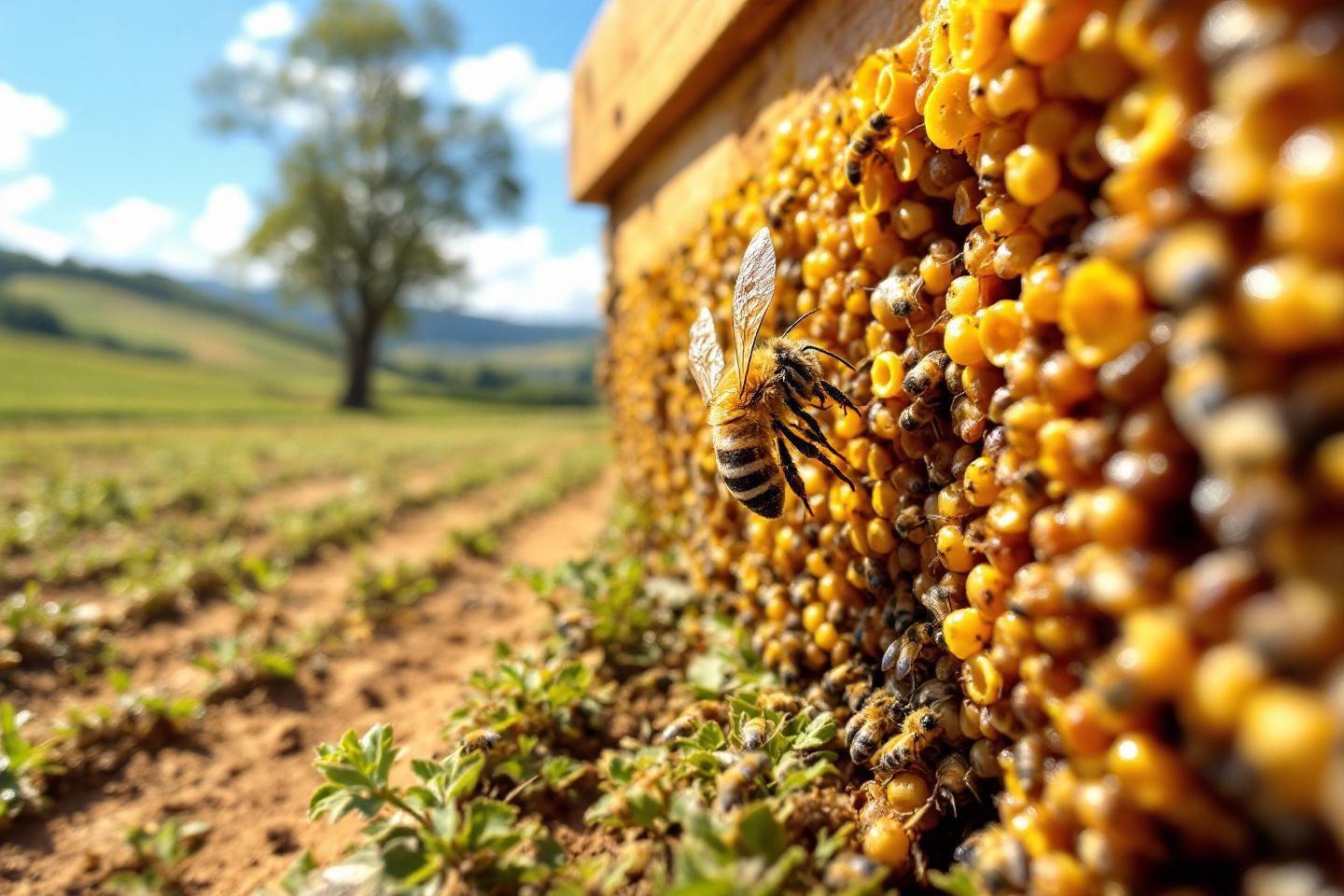 Abeilles travaillant sur une ruche couverte de pollen dor&eacute;