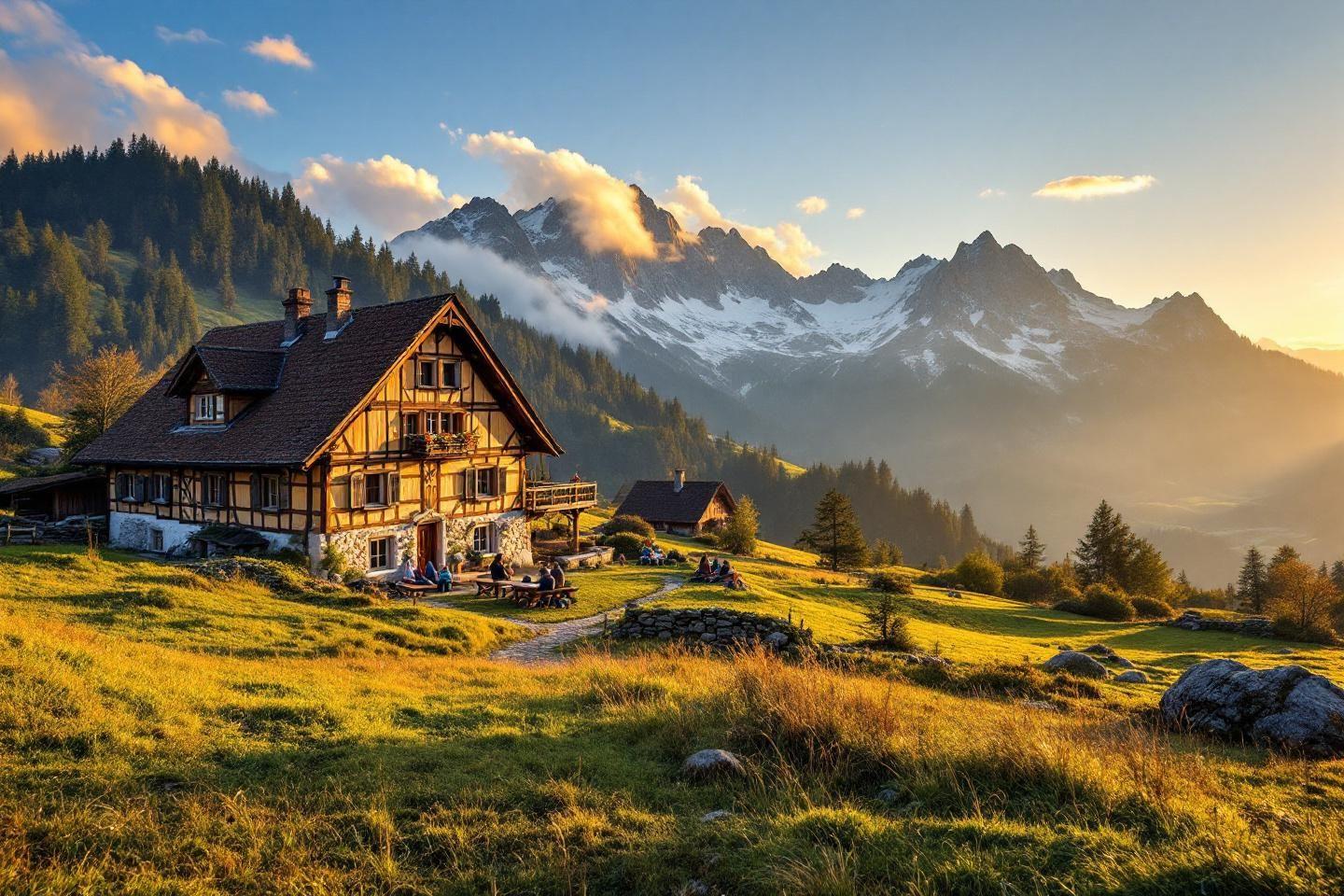 Maison en bois rustique dans les montagnes aux sommets enneig&eacute;s
