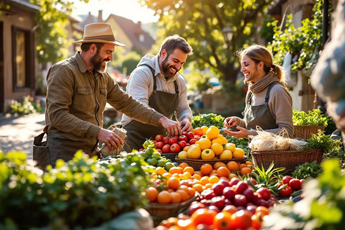 &Eacute;talage color&eacute; de fruits et l&eacute;gumes avec trois personnes